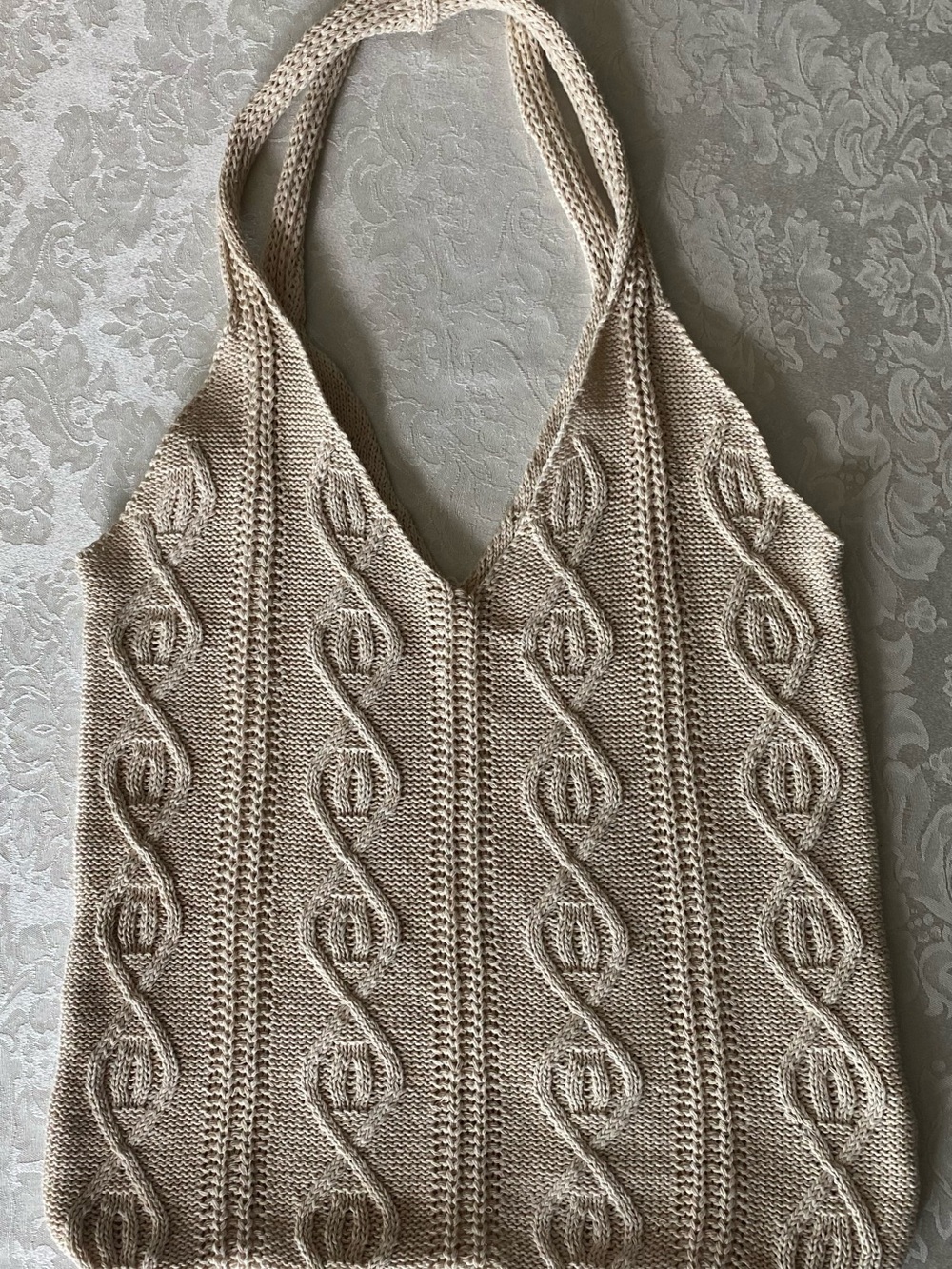 Hand-Knit Cream Cable Stitch Tote